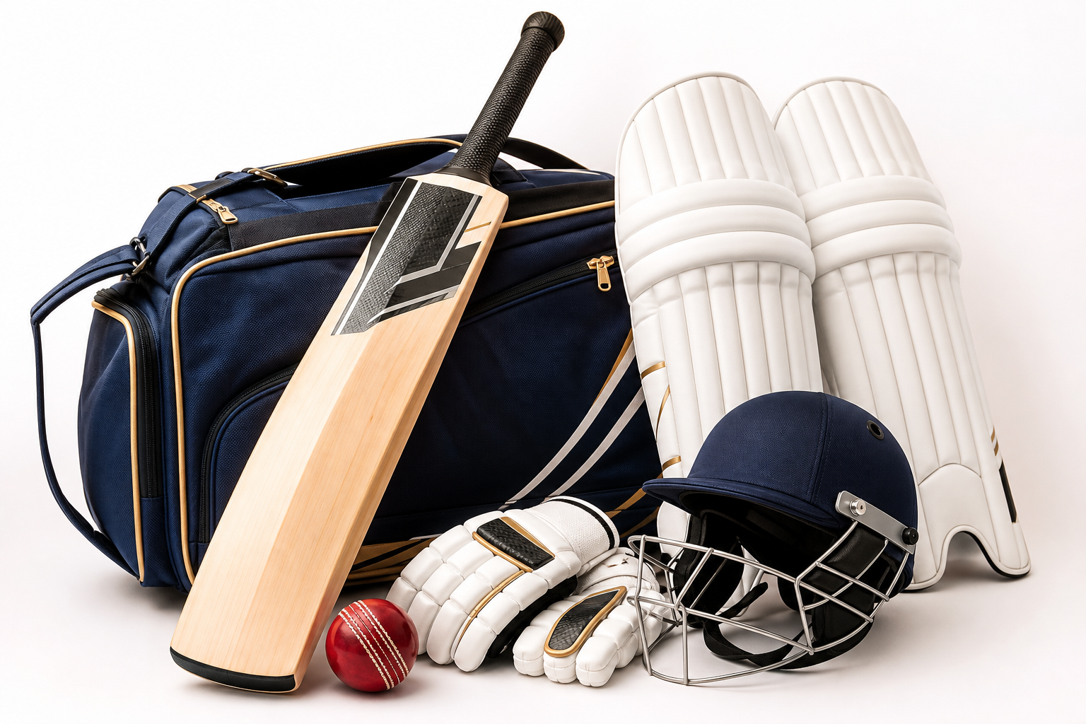Cricket kit including bat, ball, pads, gloves, helmet and kit bag available at Arun Cricket Store